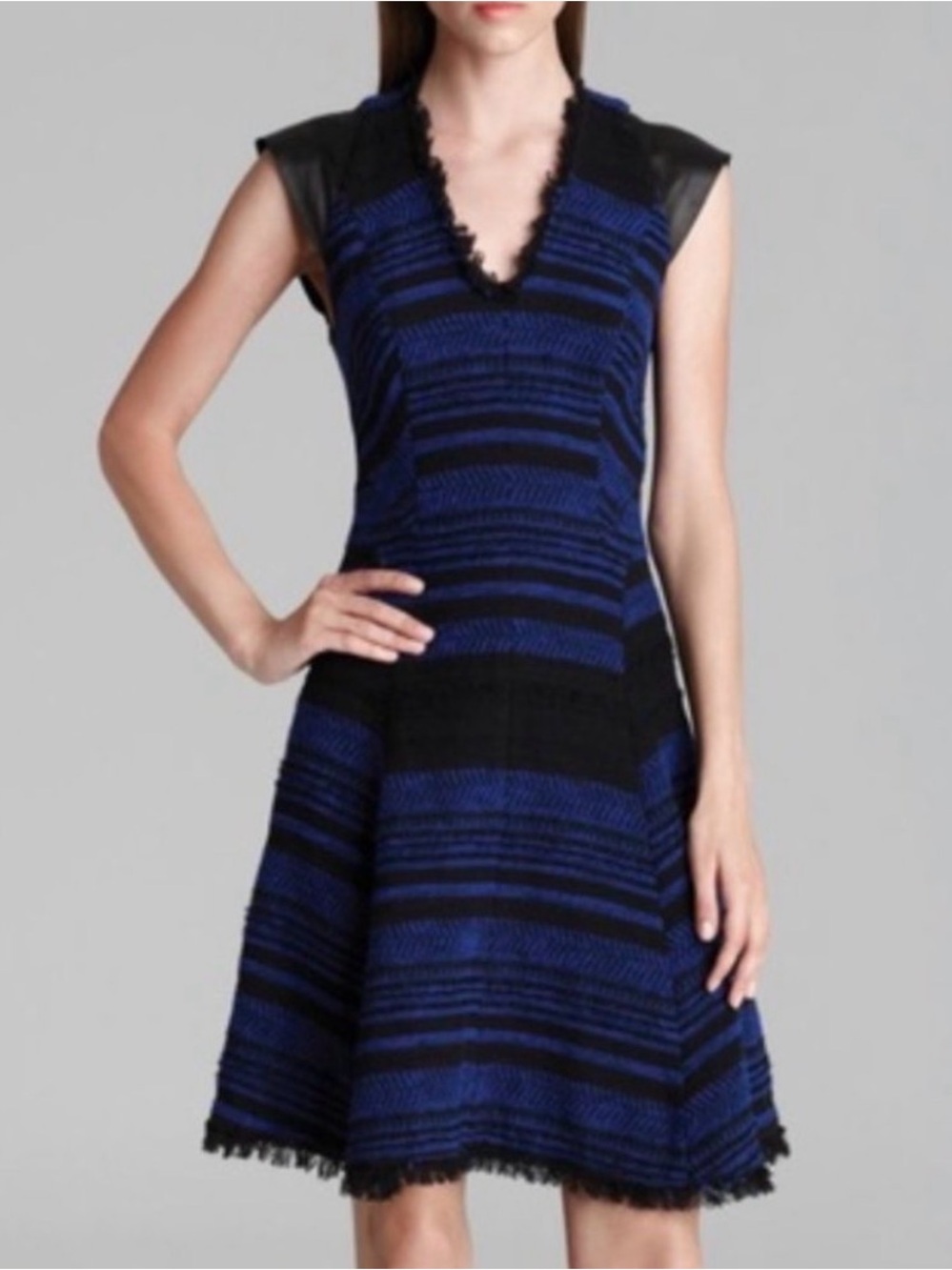 Rebecca Taylor Royal Blue and Black Striped Tweed with Leather Dress